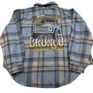 Ford Bronco Women's Graphic Flannel Shirt Shacket Plus Size 1X Plaid Blue/Brown‎